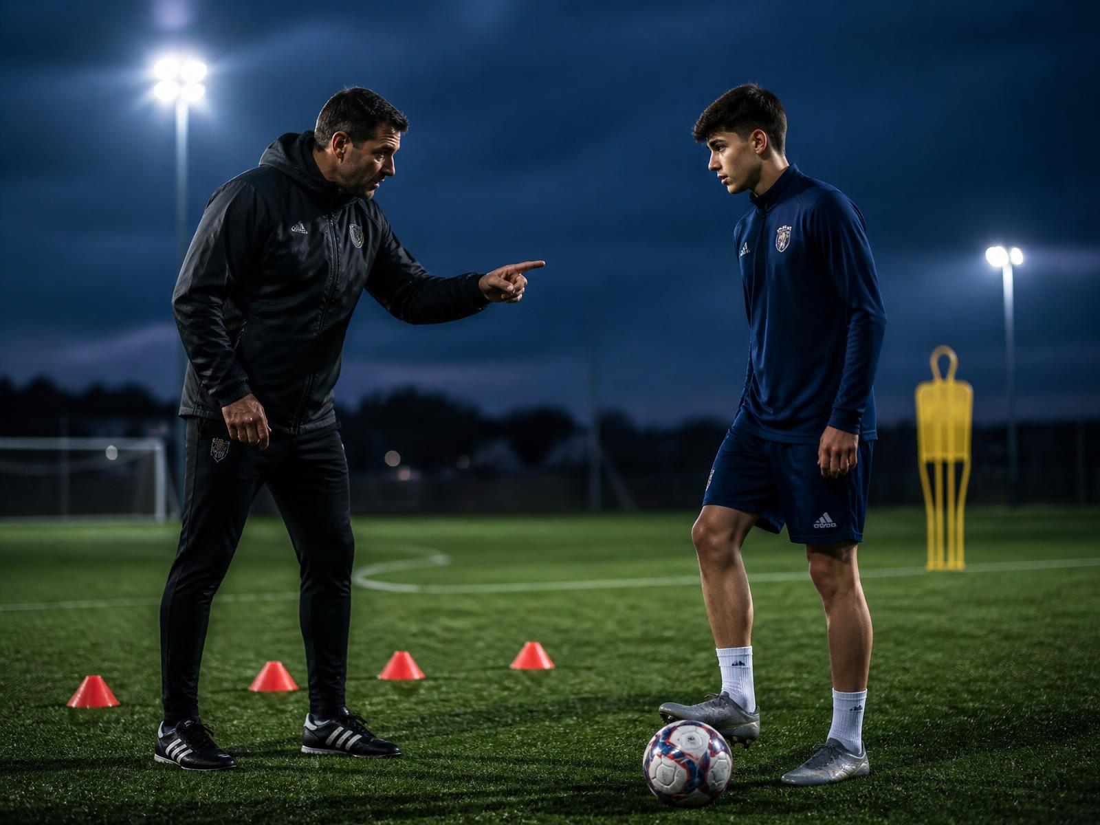 Ian McClurg coaching a player one-on-one on a floodlit training pitch